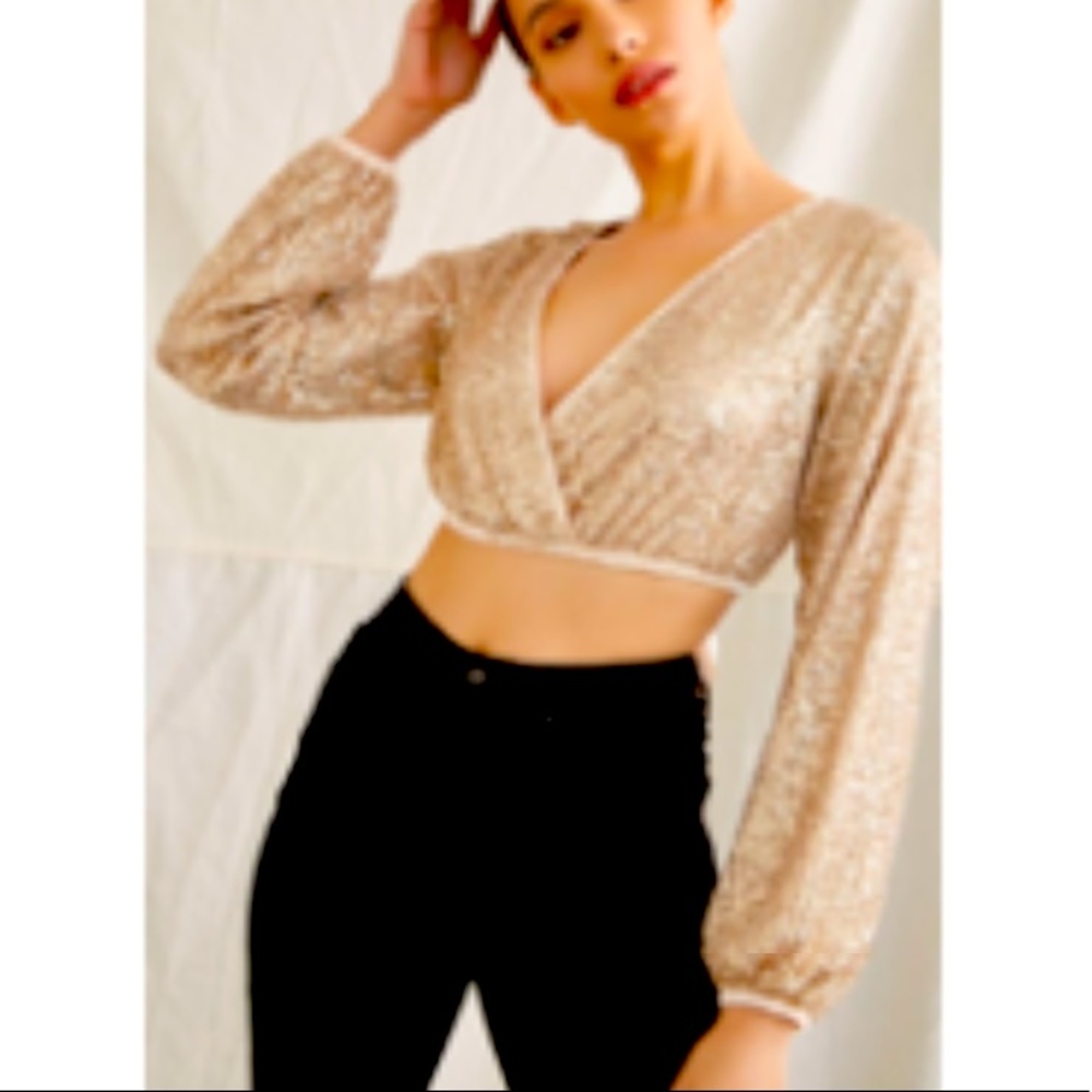 Sequin Balloon Sleeve Crop Top with Cut Out Tie Bow Back